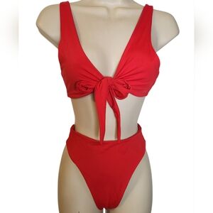 Four Three Seven Red Bikini Set Tie Front Plunge Top High Cut Bottoms Medium